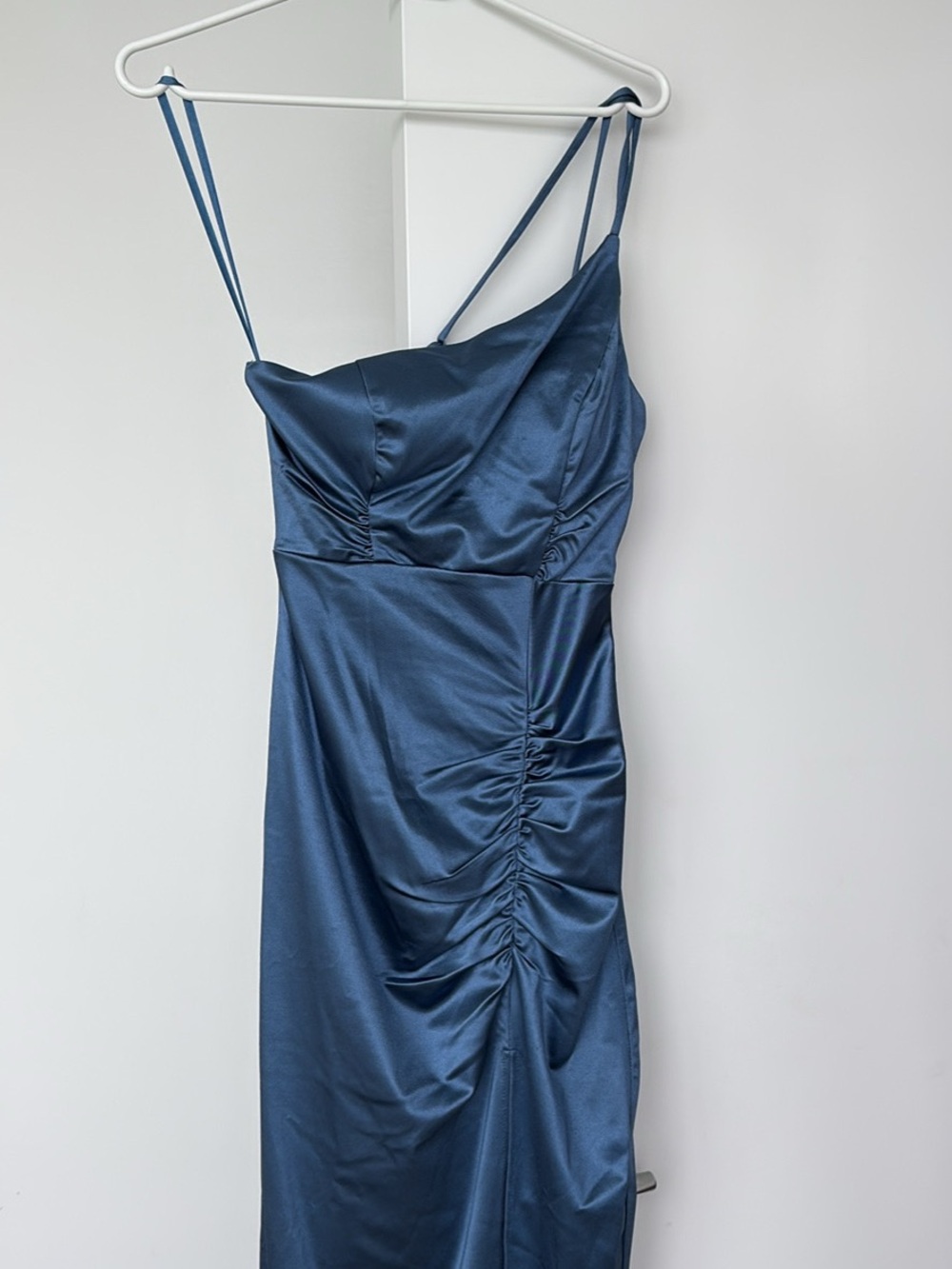 le chateau One-Shoulder Navy Satin Ruched Slip Dress